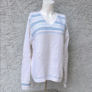 Vintage Liz Claiborne White and Blue V-Neck Cable Knit Sweater Patterned Stitch